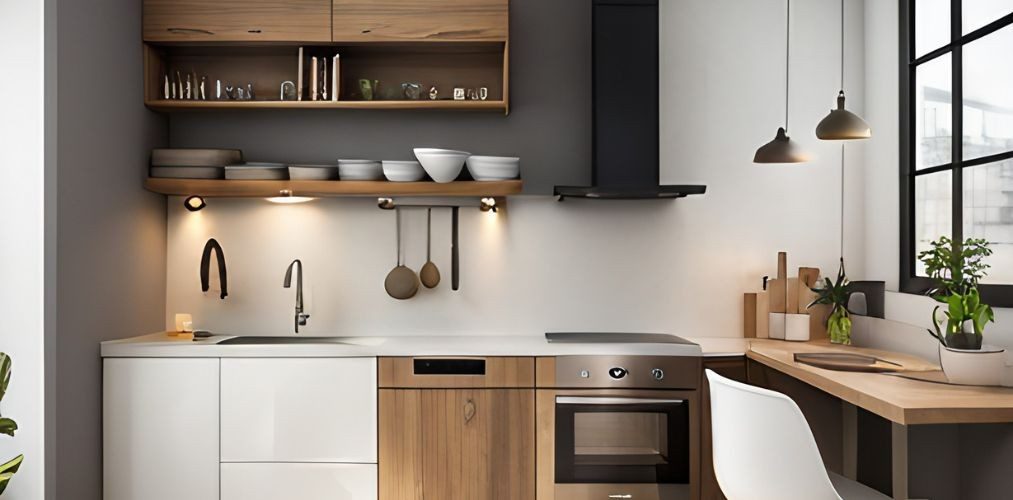 White small kitchen with wooden open shelves-Beautiful Homes