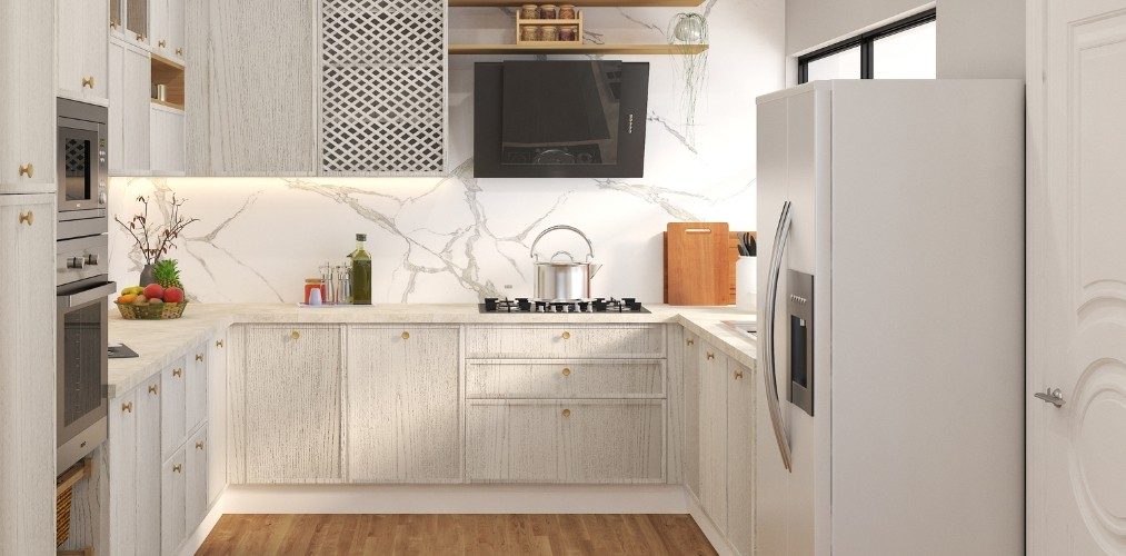 White wooden kitchen cabinets with wooden knobs and marble backsplash-Beautiful Homes