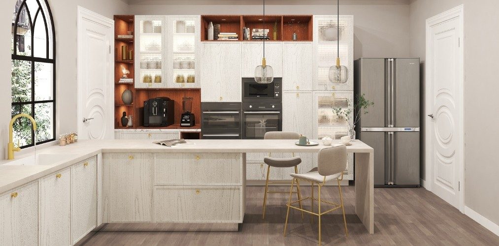 White wooden textured kitchen with in-built shelves-Beautiful Homes