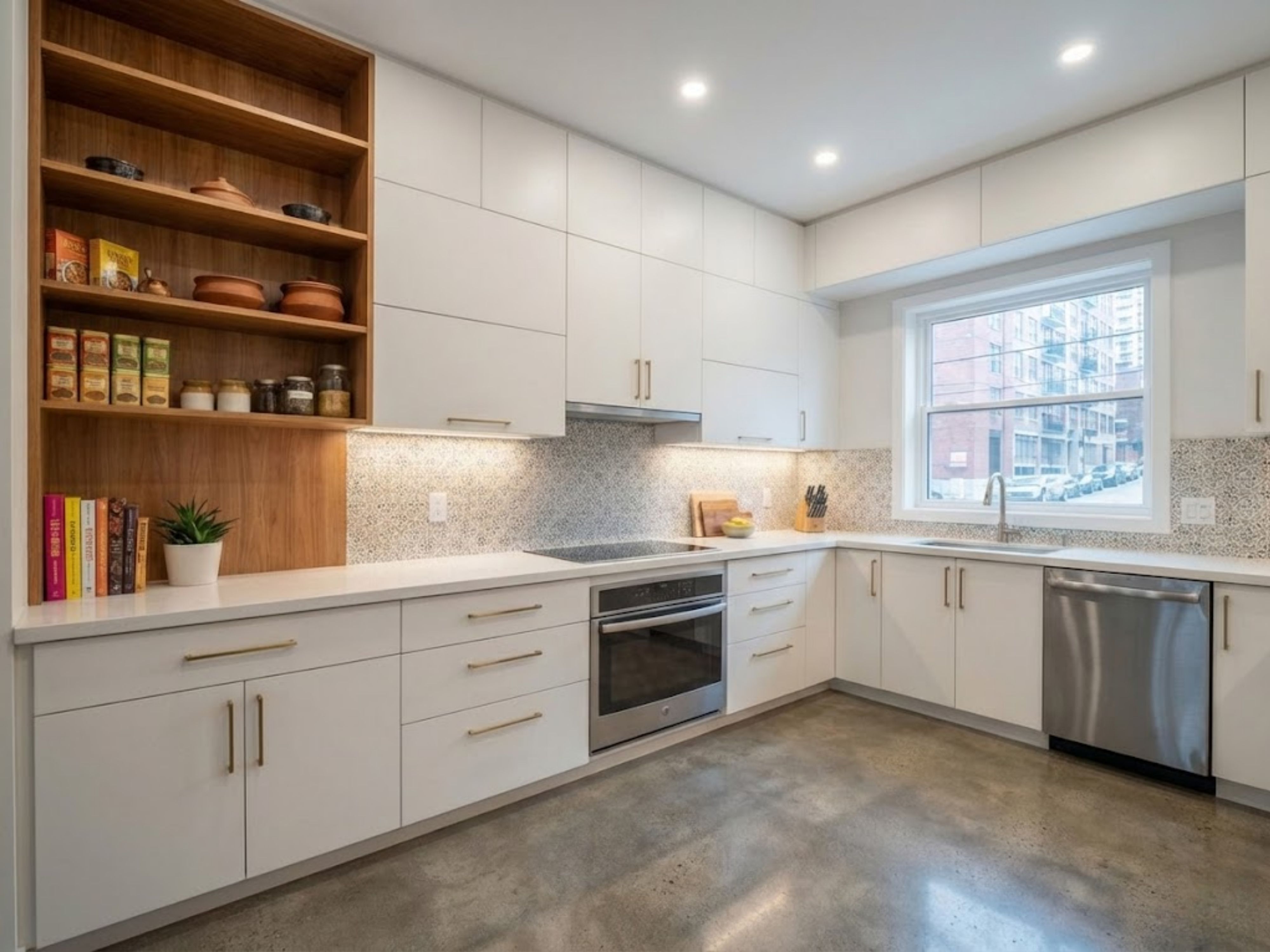 L shaped kitchen with white cabinets and window - Beautiful Homes