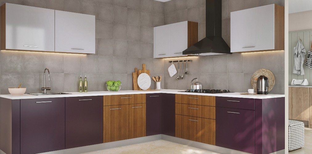 Wooden L shaped kitchen with purple & white cabinets-Beautiful Homes