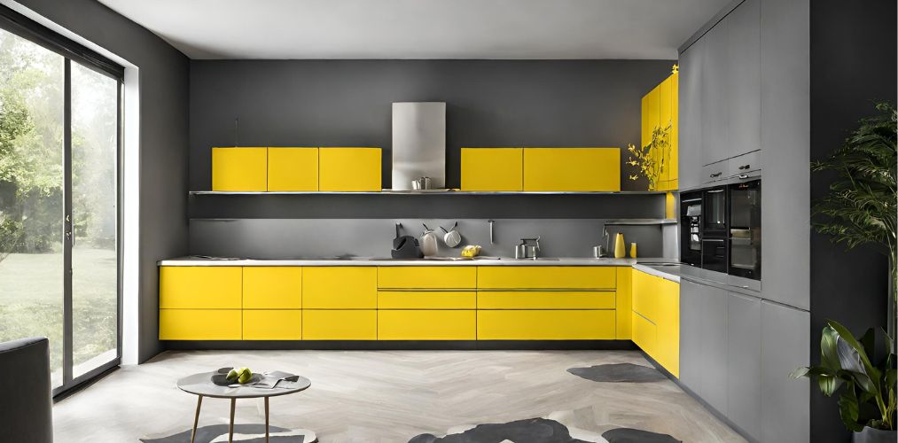 Yellow and grey l shaped modular kitchen-Beautiful Homes