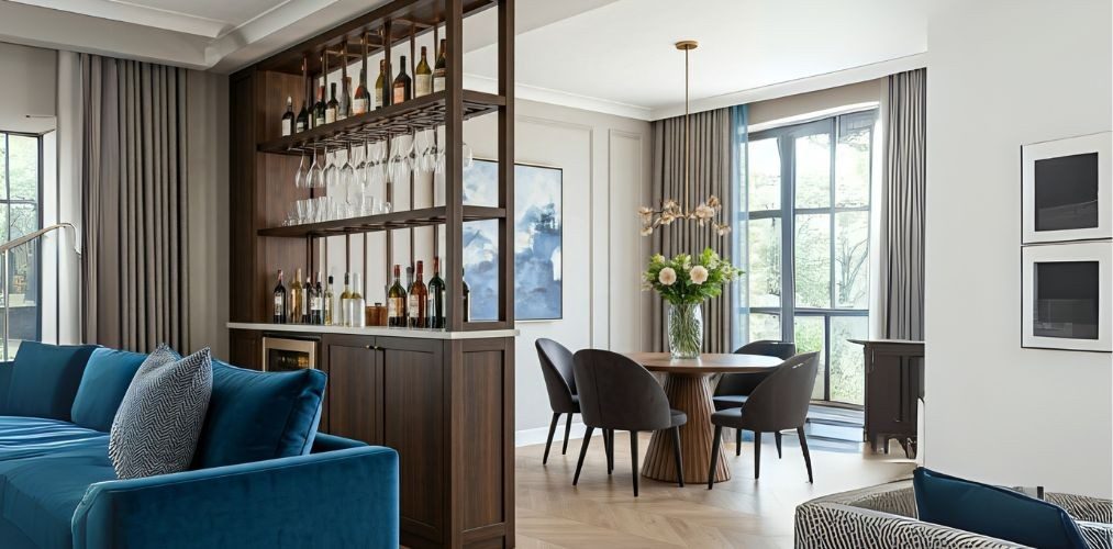Wooden partition with open shelving and storage - Beautiful Homes