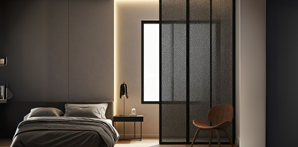 Black metal jali partition in bedroom - Beautiful Homes