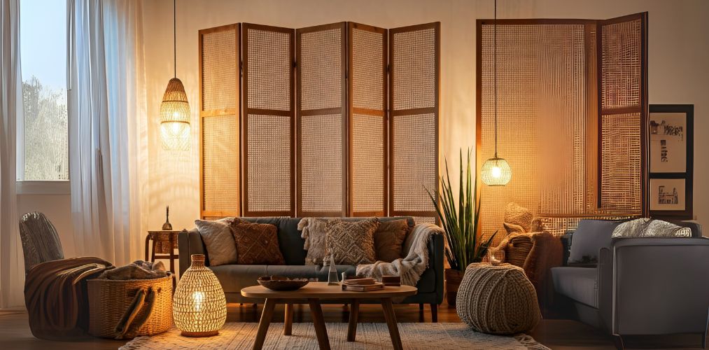 Woven cane partition with warm living room décor - Beautiful Homes