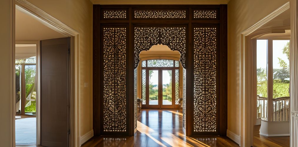 Wooden partition with intricate carved design and natural light - Beautiful Homes