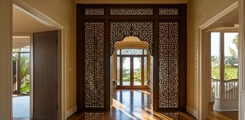 Wooden partition with intricate carved design and natural light - Beautiful Homes