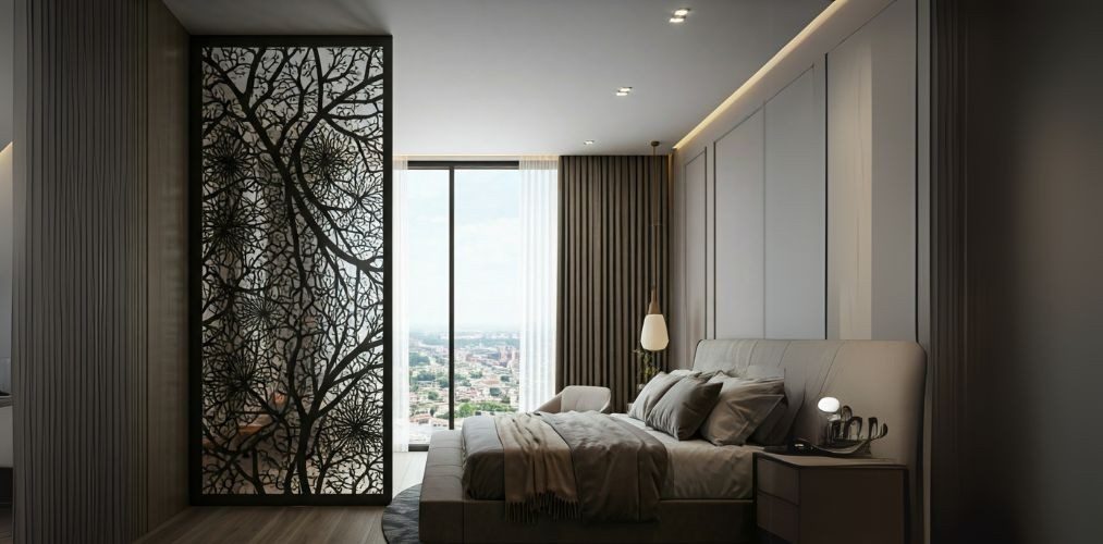 Intricate black metal partition in elegant bedroom - Beautiful Homes