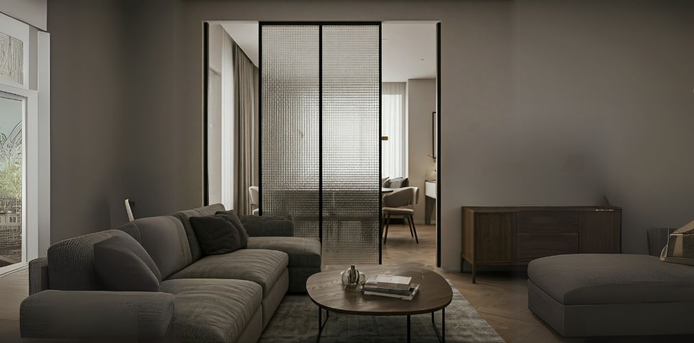 Textured glass room divider in modern living space - Beautiful Homes