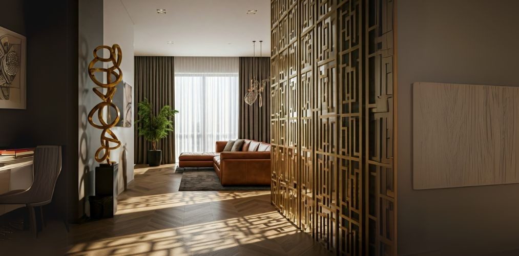 Gold metallic geometric partition with modern décor - Beautiful Homes