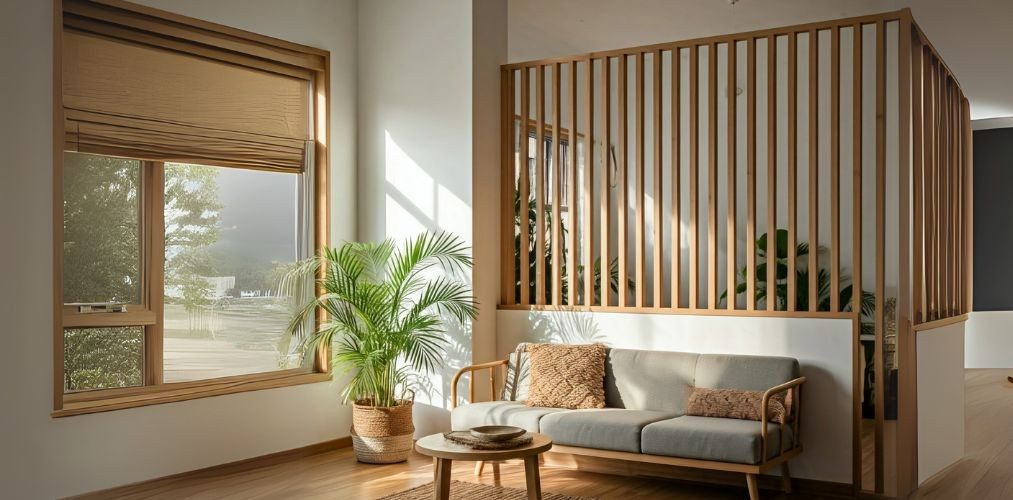 Wooden slats partition with natural light and cozy décor - Beautiful Homes