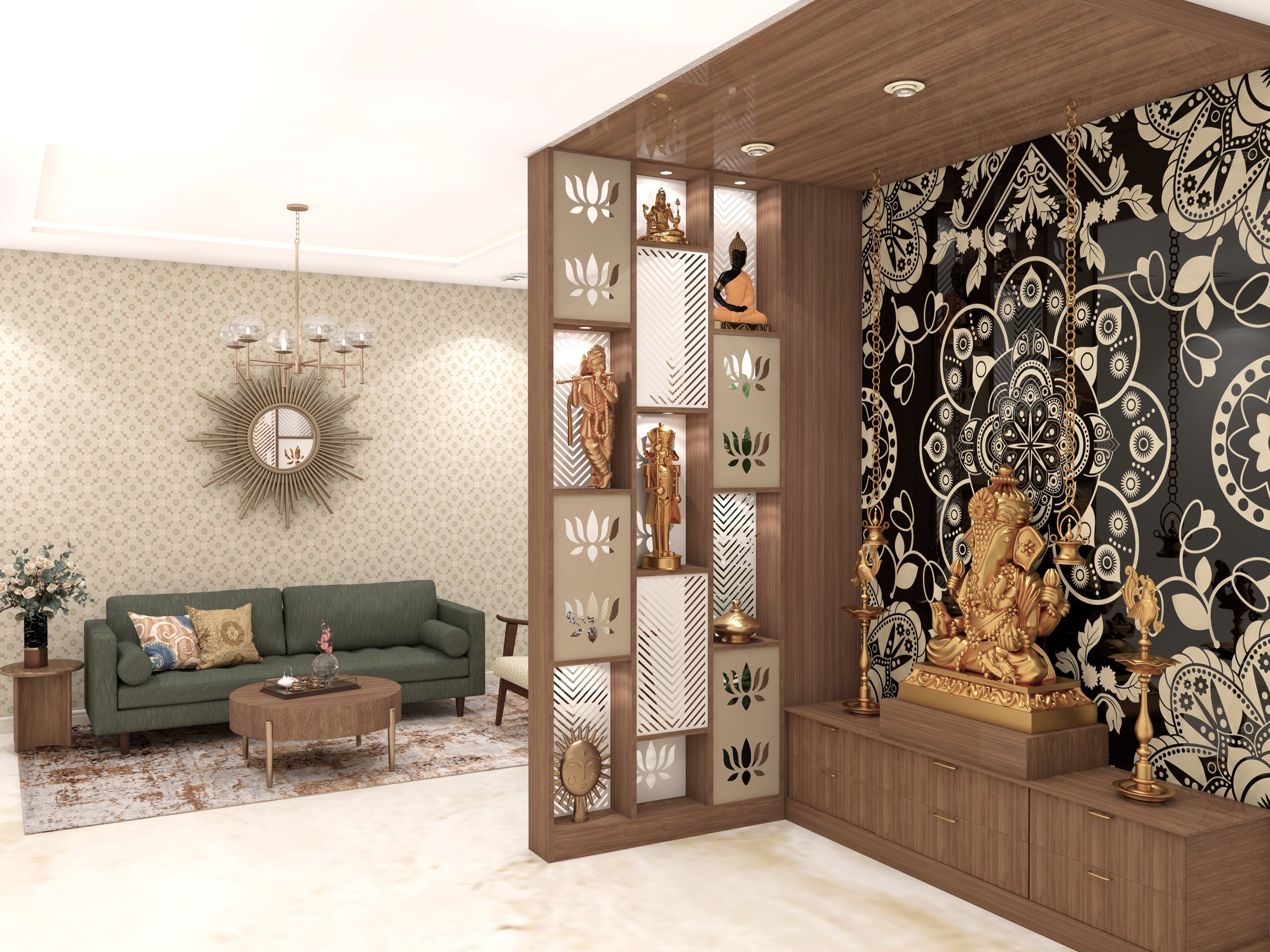 Indian CNC cut wooden partition in puja area - Beautiful Homes