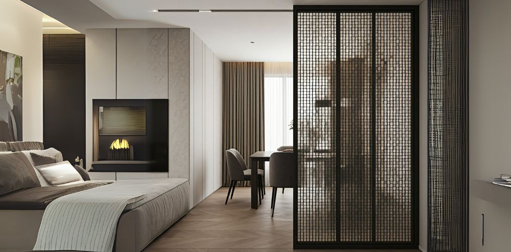 Living and dining room partition with square jalis - Beautiful Homes