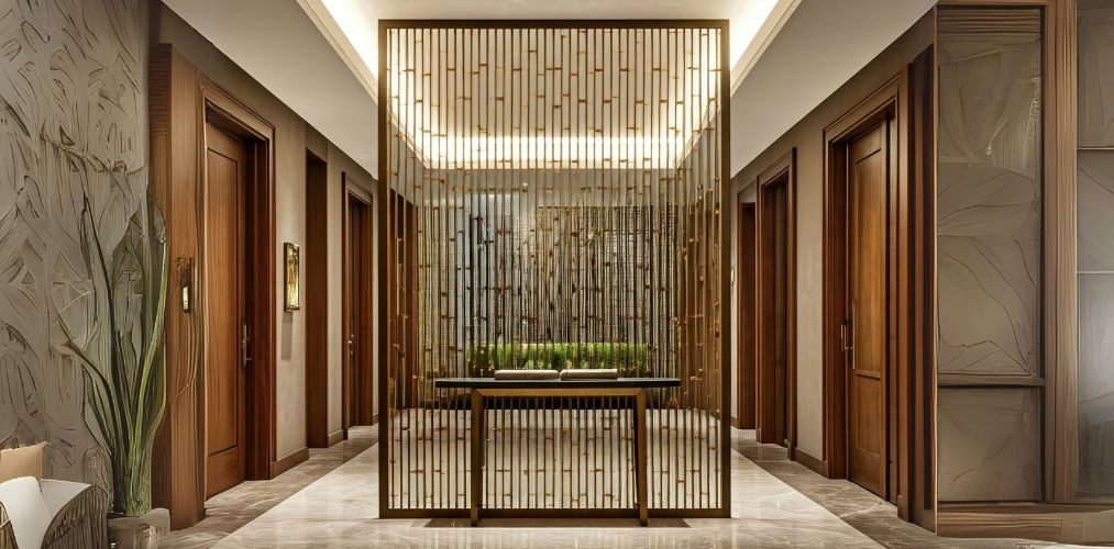 Golden partition with geometric design in hallway - Beautiful Homes