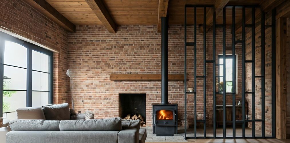 Black metal partition with rustic brick walls - Beautiful Homes