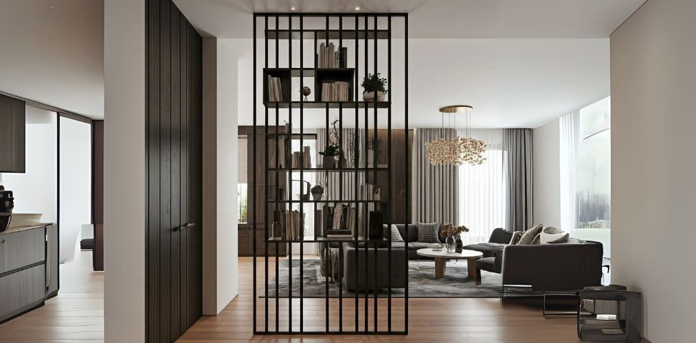 Metal partition with open shelves in modern interior - Beautiful Homes