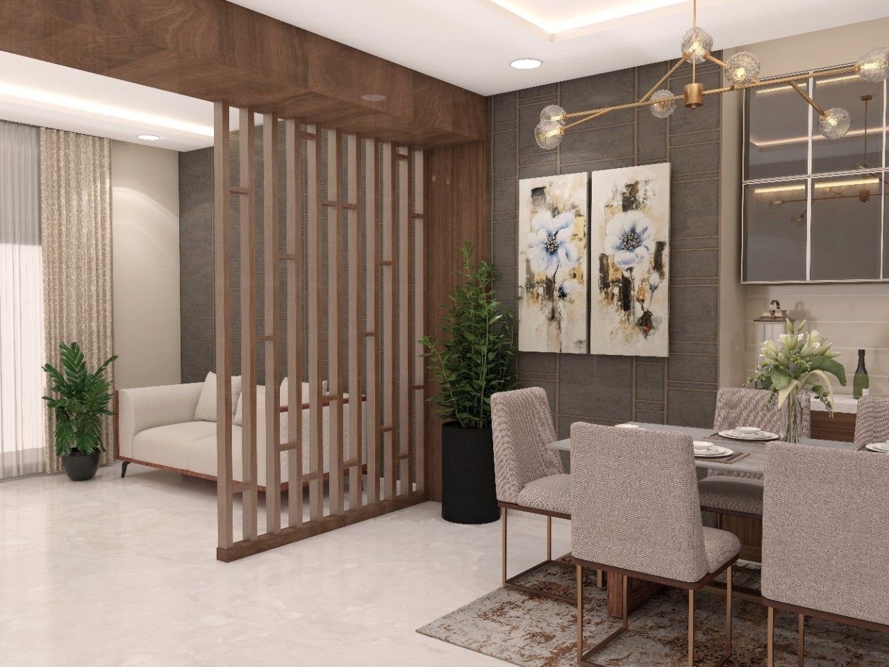 Modern contemporary living-dining partition with wooden rafters - Beautiful Homes