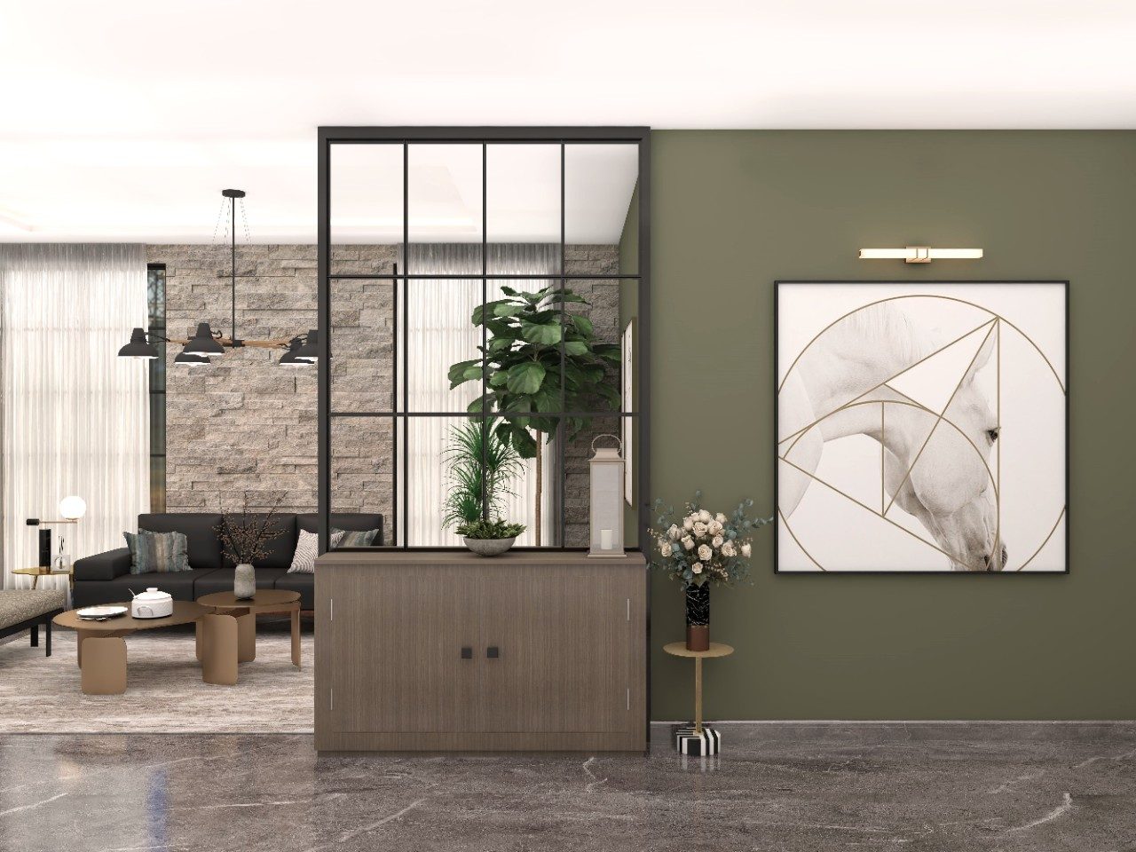 Modern metal and glass partition design with storage - Beautiful Homes