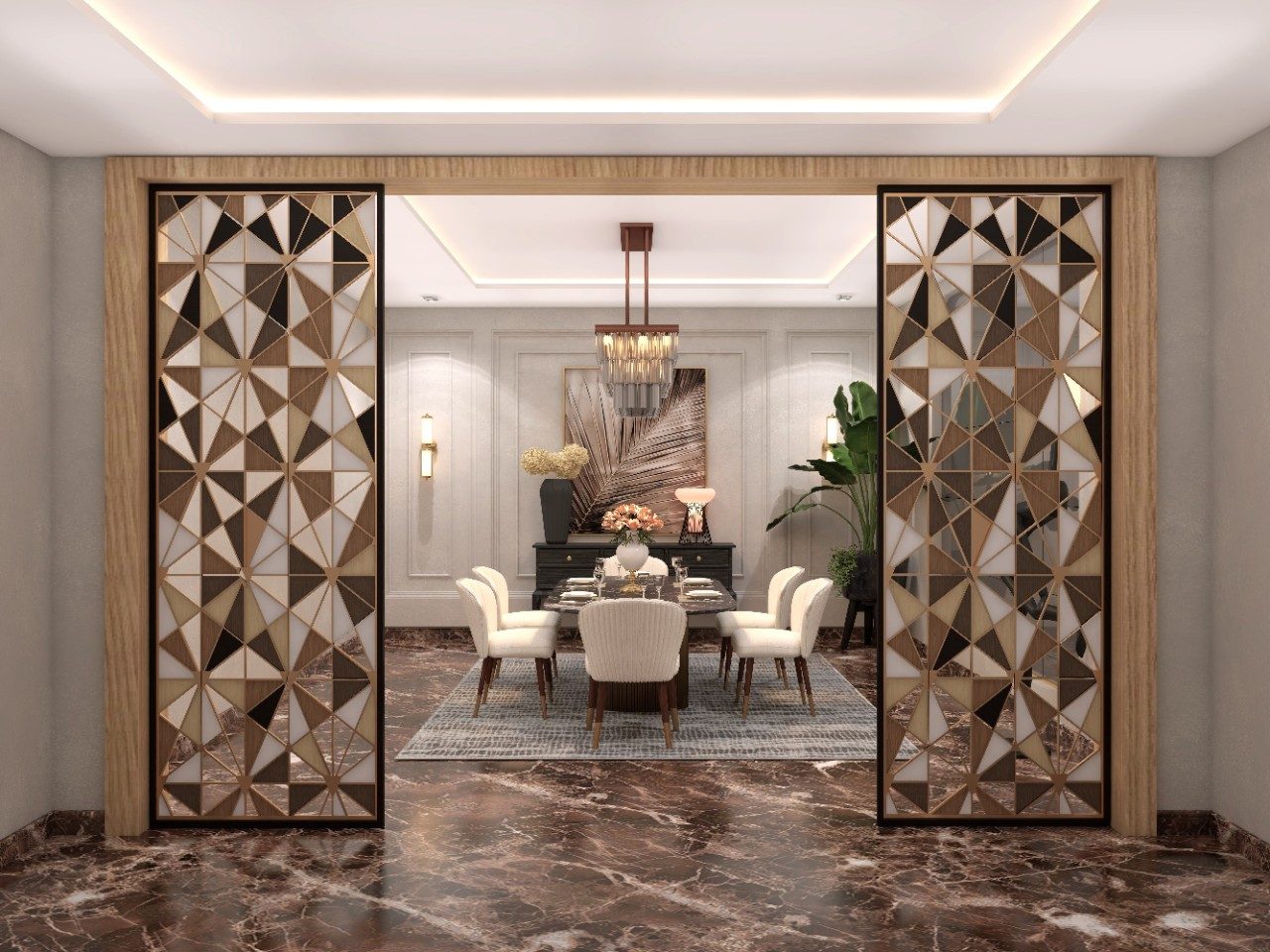 Modern metal partition with triangular CNC cut designs - Beautiful Homes