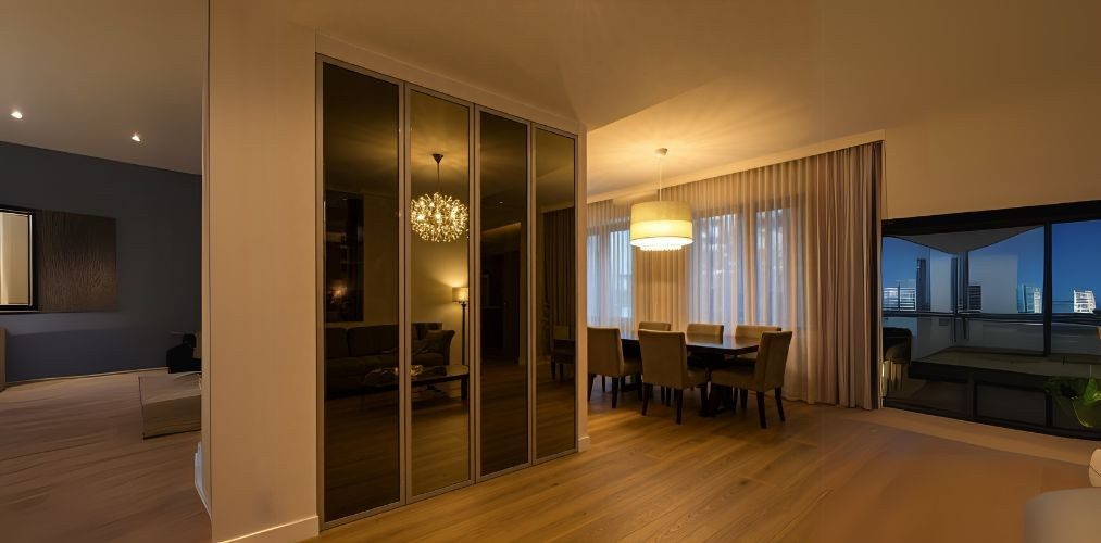 Modern partition with tinted mirror panels for living and dining room - Beautiful Homes