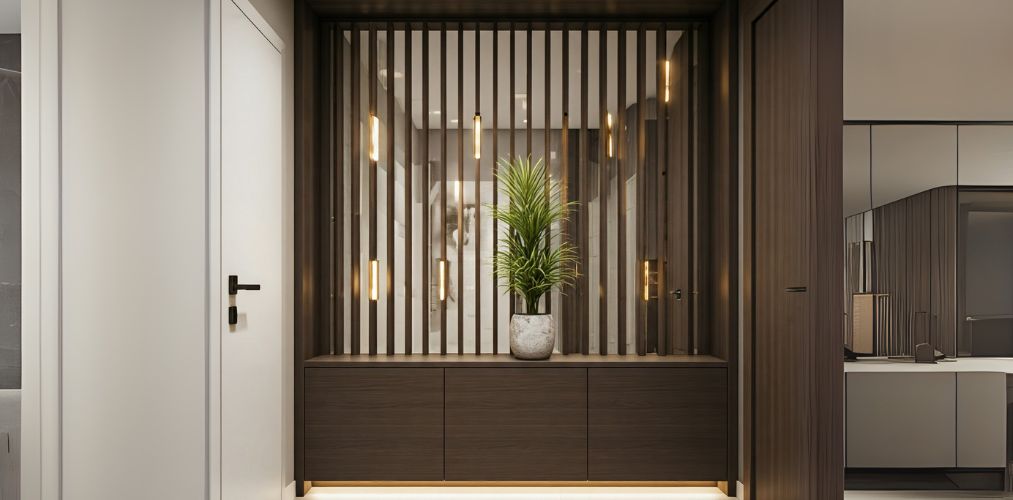 Vertical wooden slats with lighting and central plant - Beautiful Homes