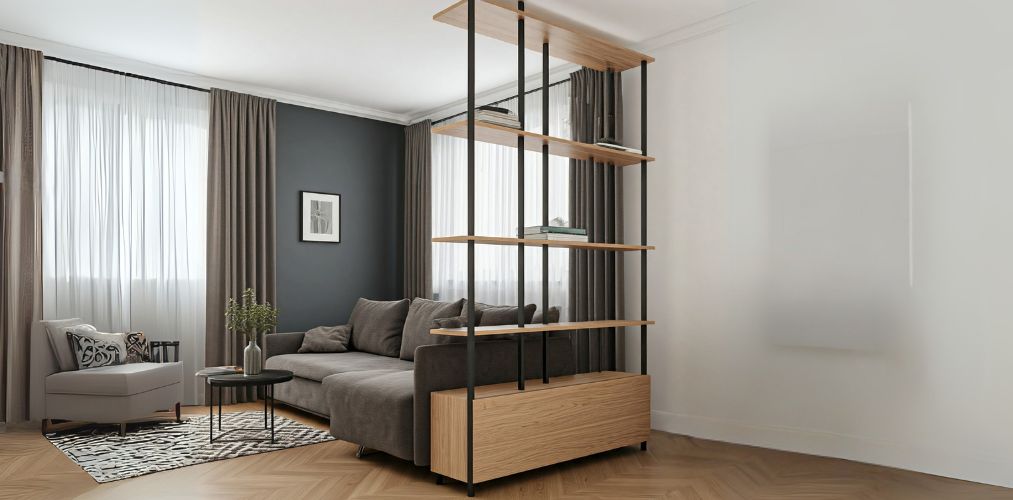 Partition design with metal frame and plywood shelves - Beautiful Homes