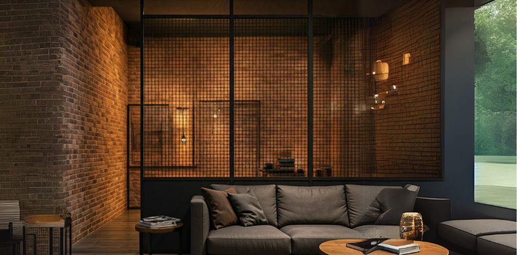 Living room with black mesh partition and brick walls - Beautiful Homes