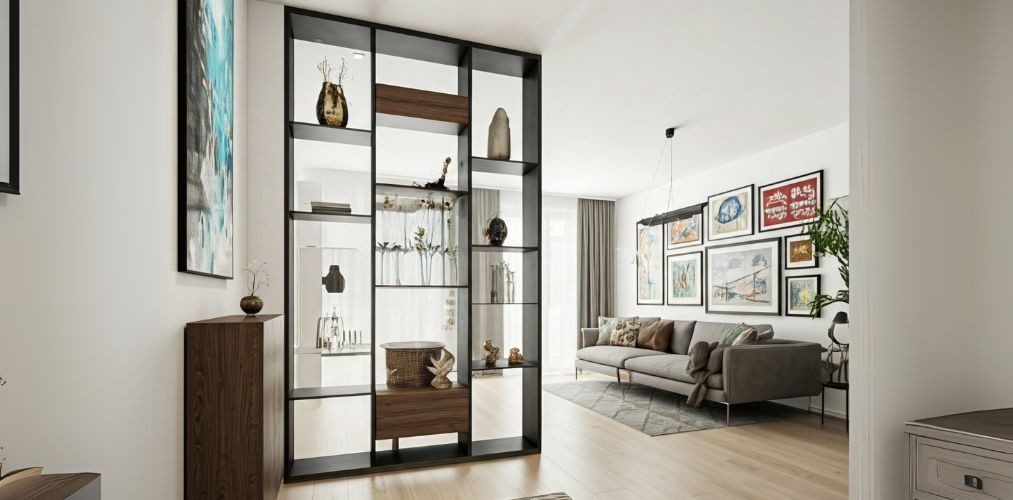 Open shelving partition with black frame and décor - Beautiful Homes