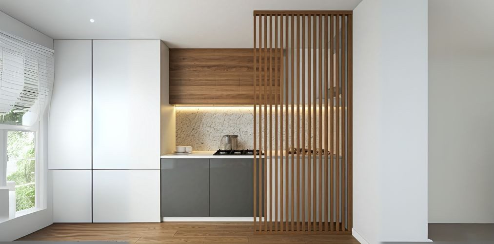 Slatted wooden partition design for kitchen - Beautiful Homes