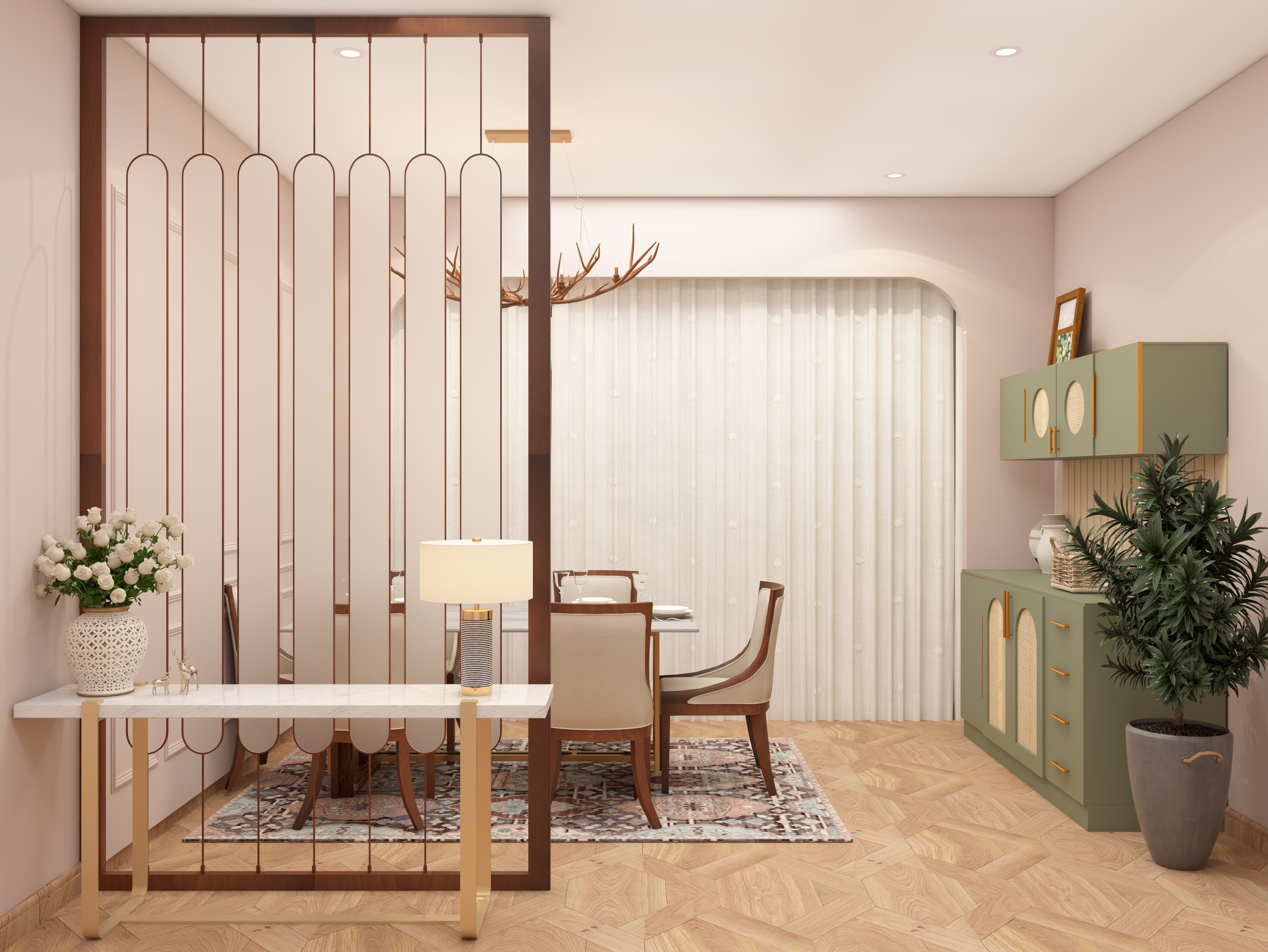 Sleek glazed partition with vertical slats in dining room - Beautiful Homes