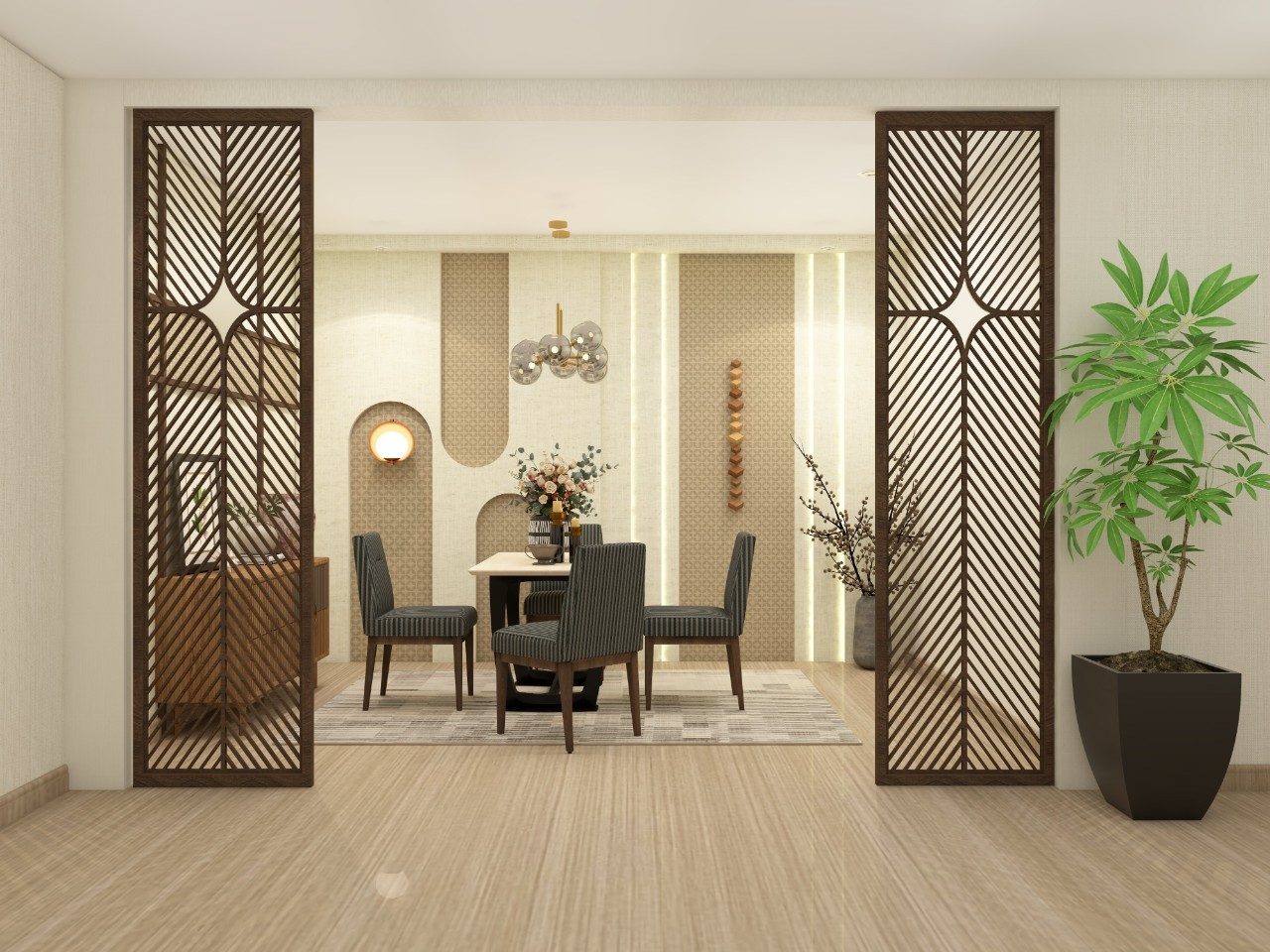 Sleek wooden partition with angular slats - Beautiful Homes