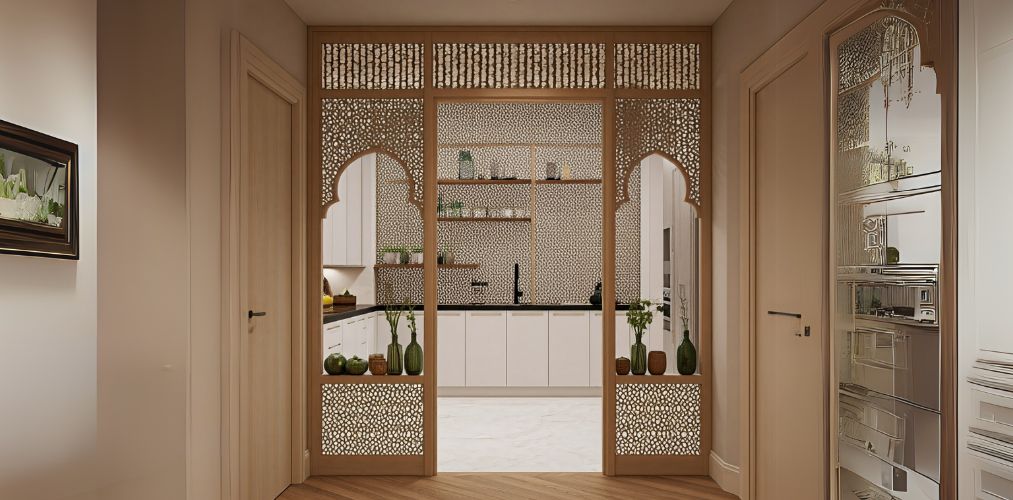 Traditional partition design with jali in kitchen - Beautiful Homes