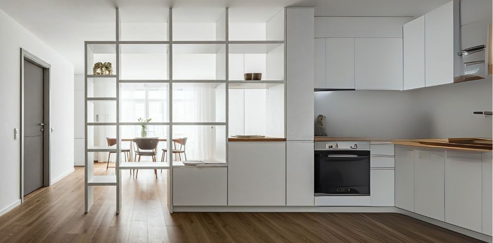 White partition with storage shelves in kitchen - Beautiful Homes