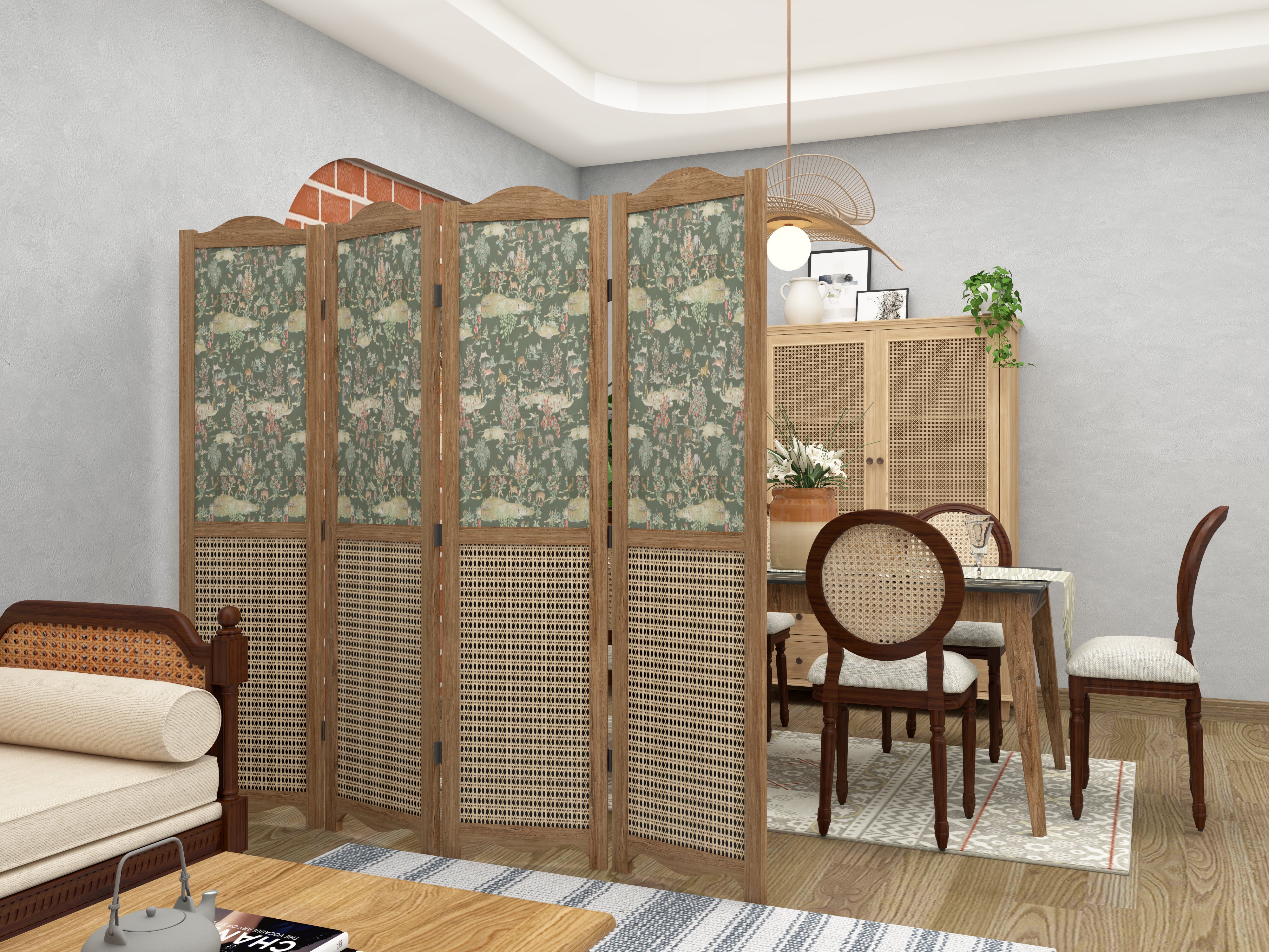 Wooden partition in dining room with cane and wallpaper paneling - Beautiful Homes