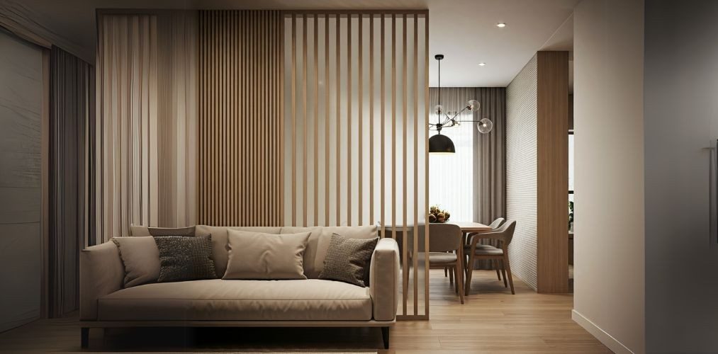 Wooden partition with fluted panels between living and dining room - Beautiful Homes