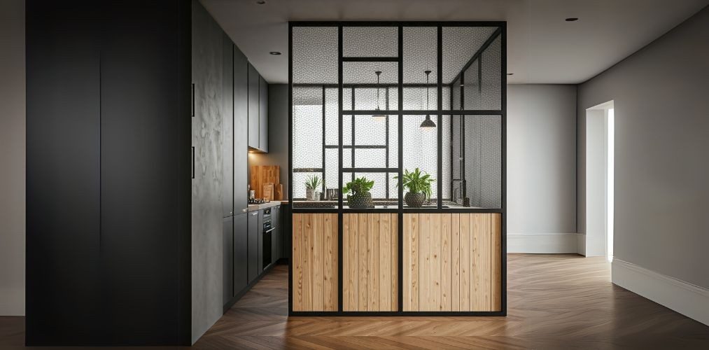 Wooden partition with metal frame in kitchen - Beautiful Homes