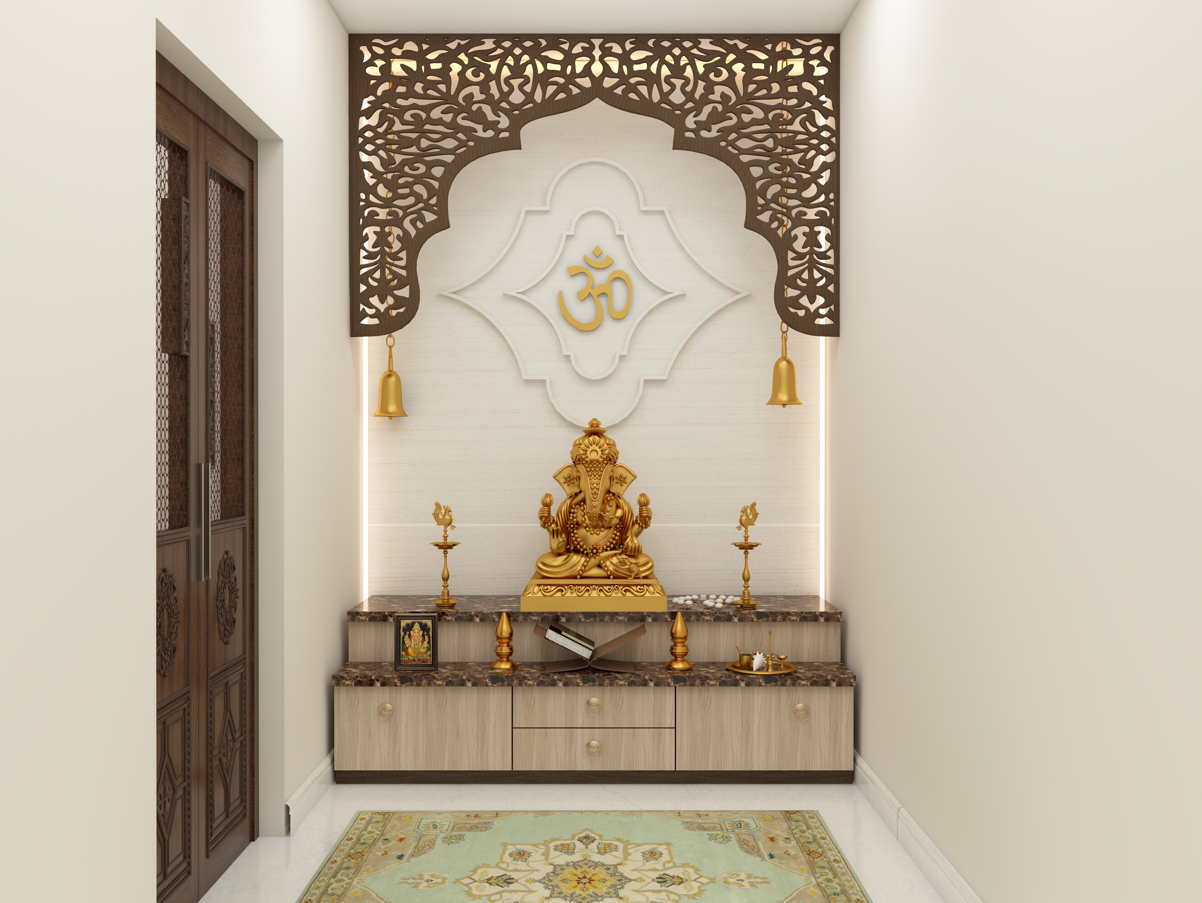 Classical white puja unit with decorative jali panel head and bells - Beautiful Homes