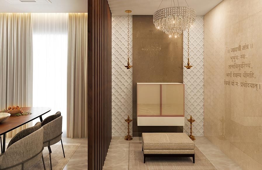 Beige pooja room ideas with wall panelling for your home - Beautiful Homes