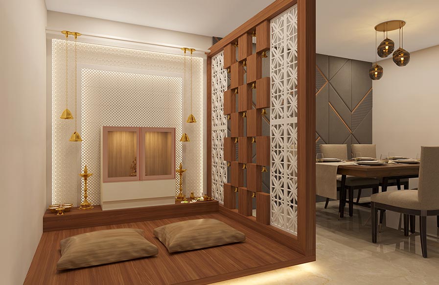 Wooden pooja room ideas with an open wooden partition for your home - Beautiful Homes