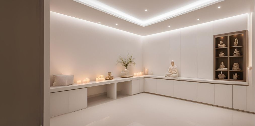 All-white pooja room design with storage units - Beautiful Homes