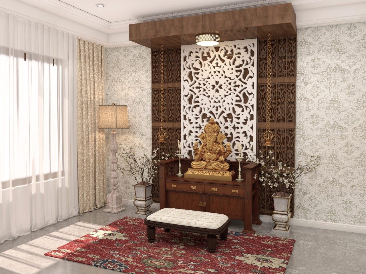 Classical wooden puja unit with CNC paneling - Beautiful Homes