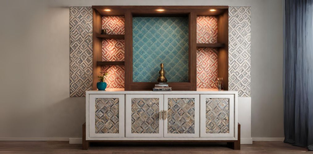 Contemporary mandir unit with geometric wallpaper-Beautiful Homes
