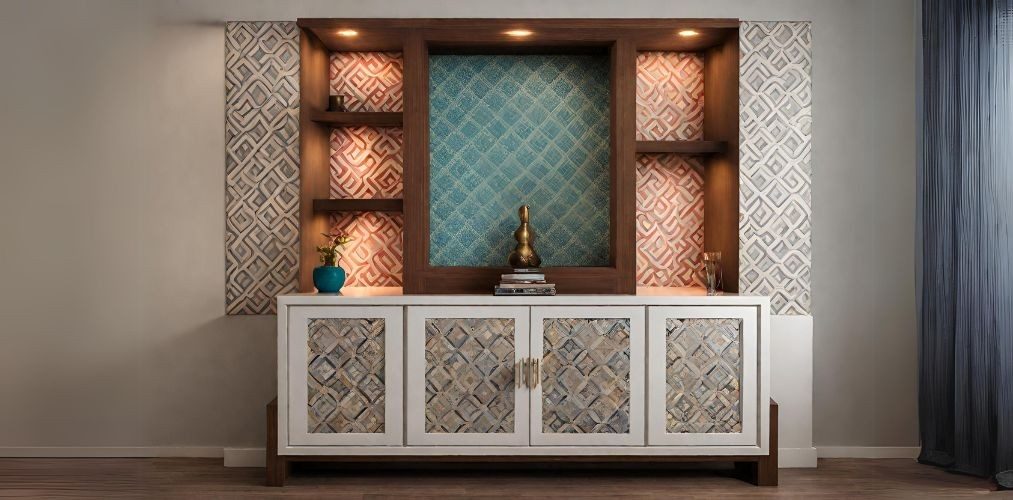 Contemporary mandir unit with geometric wallpaper-Beautiful Homes