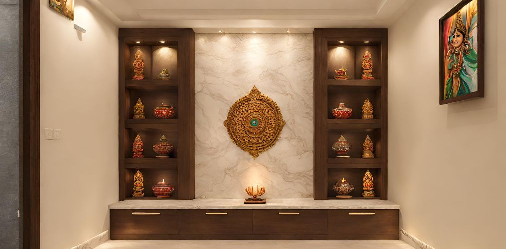Contemporary pooja room with marble back panel-Beautiful Homes