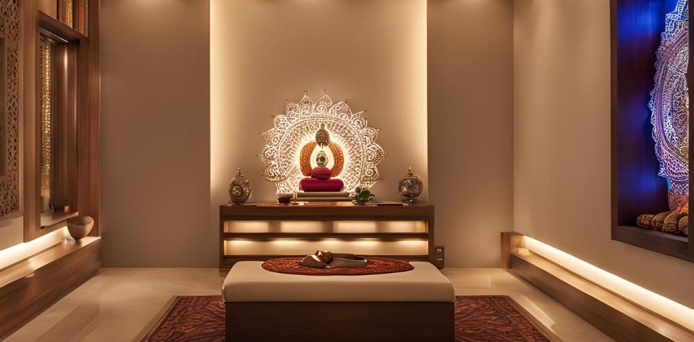 Contemporary puja room with back lit mandala - Beautiful Homes