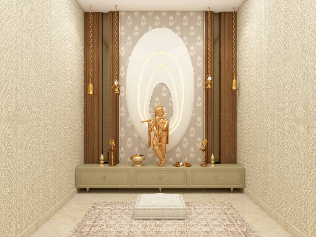 Contemporary puja room with wallpaper and fluted paneling at sides - Beautiful Homes