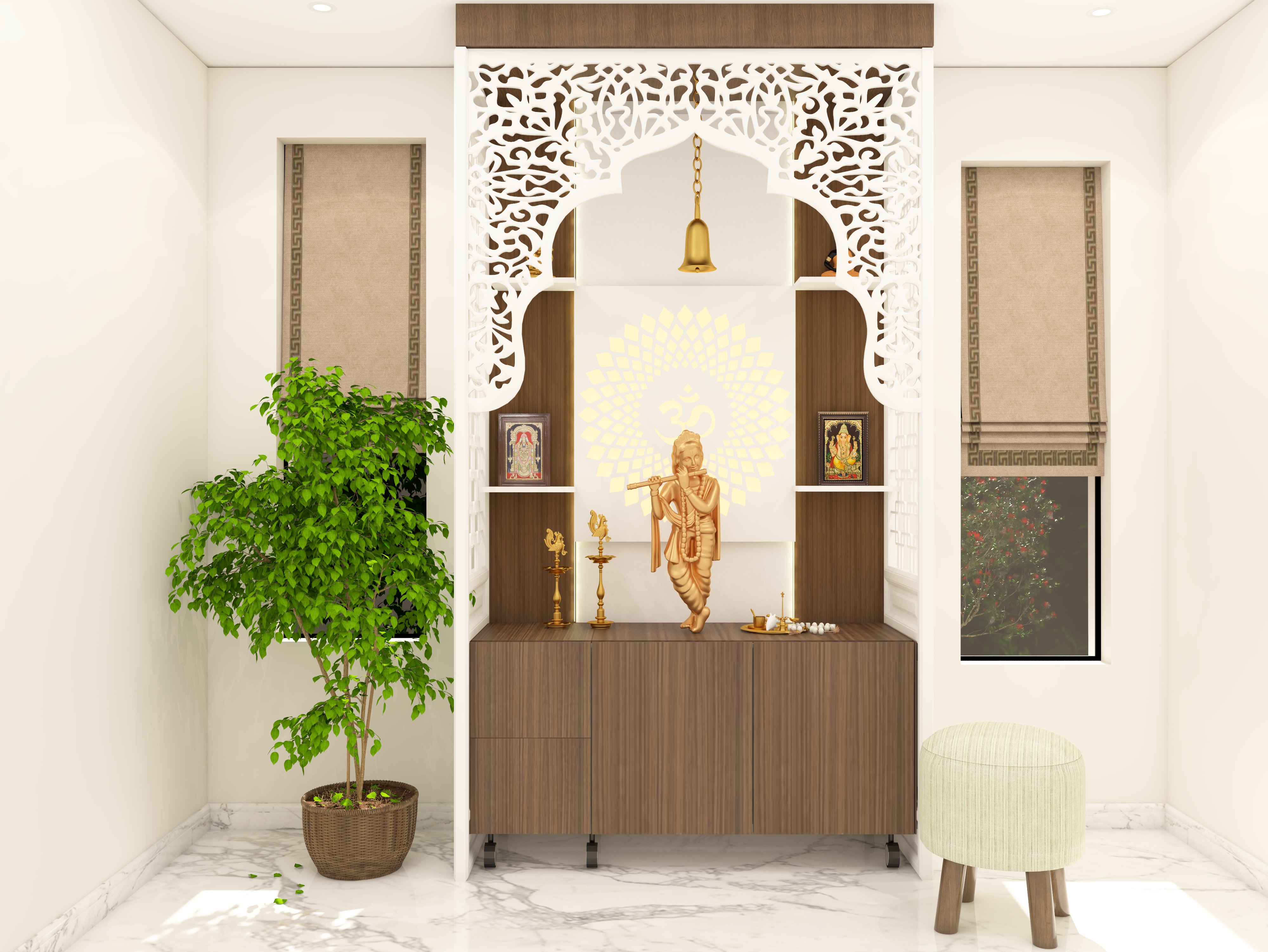 Contemporary puja unit with white jali and wooden stand - Beautiful Homes