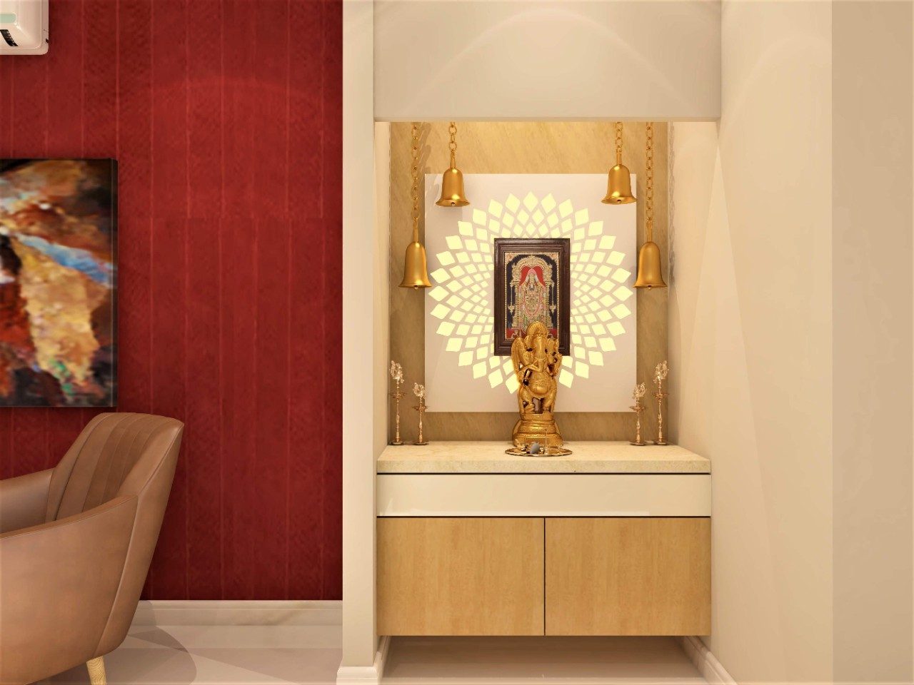 Contemporary wall-mounted pooja unit with backlighting - Beautiful Homes