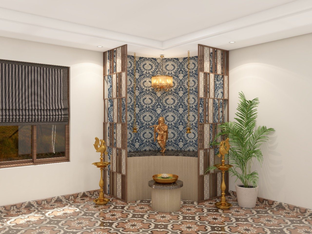 Corner puja area with wooden partition and blue wallpaper with gold detailing - Beautiful Homes