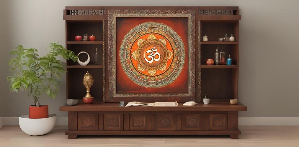 Floor mounted puja unit with om mandala painting - Beautiful Homes